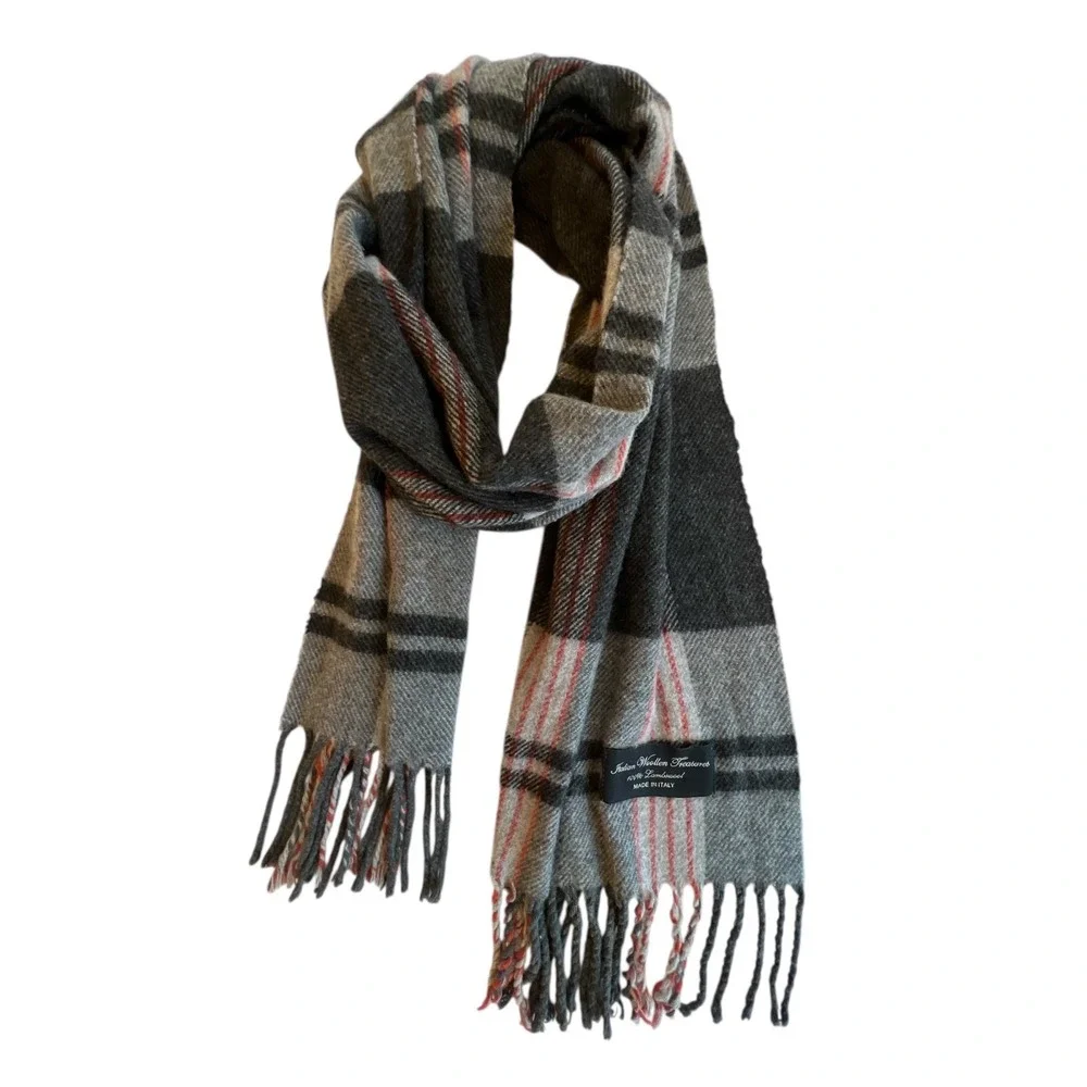 Italian Woollen Treasures Scarf 100% Lambswool Plaid Soft Cozy Black Grey Red
